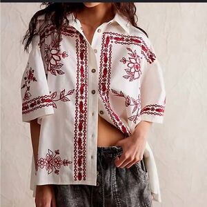 We The Free White Shirt with Red Embroidery